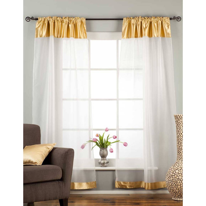 Sheer White/ Gold 43 x 84 Satin Tab Top Tissue Curtain Panel (India)