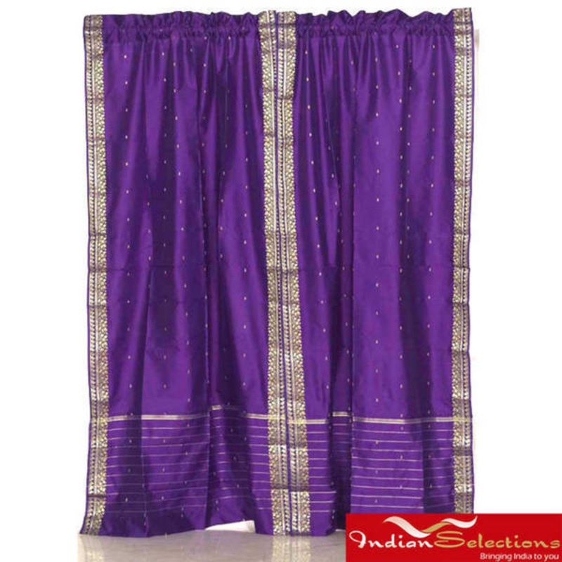 Sheer Sari 84-inch Purple Rod Pocket Curtain Panel Pair , Handmade in India - 43 x 84