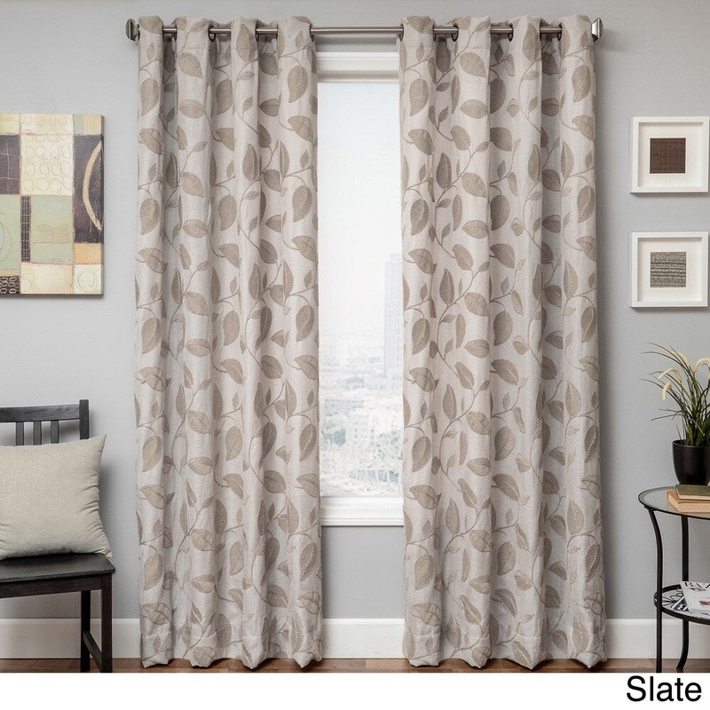 Softline Astra Grommet Top Faux Linen Embroidered Leaf Curtain Panel