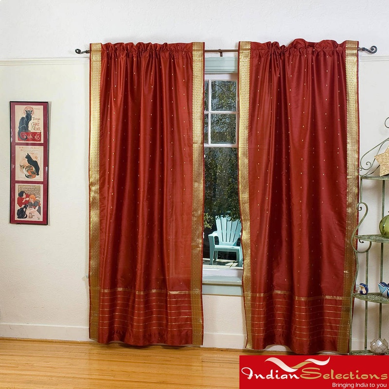 Rust Sheer Sari 84-inch Rod Pocket Curtain Panel Pair , Handmade in India - 43 x 84 - 43 x 84