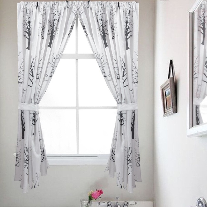 Black and White Tree Silhouette Print Fabric Bathroom Window Curtain Set with Holdbacks