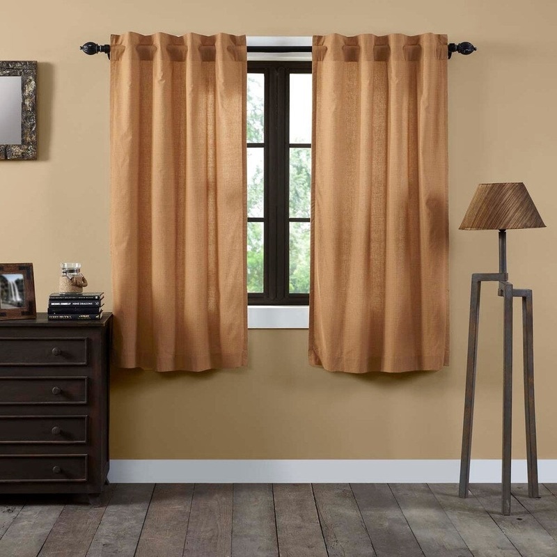 Tan Primitive Curtains VHC Kindred Star Panel Pair Rod Pocket Cotton Plaid - Short Panel 63x36