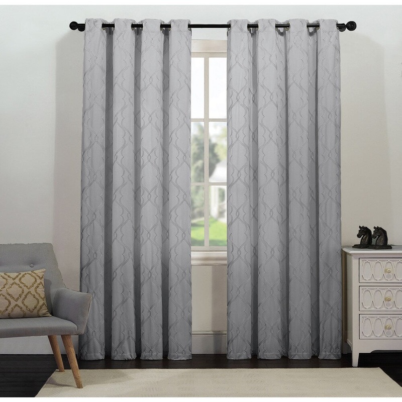 Artistic Linen Tangier Grommet Top Geometric Metallic Embroidered Window Curtain Panel Pair