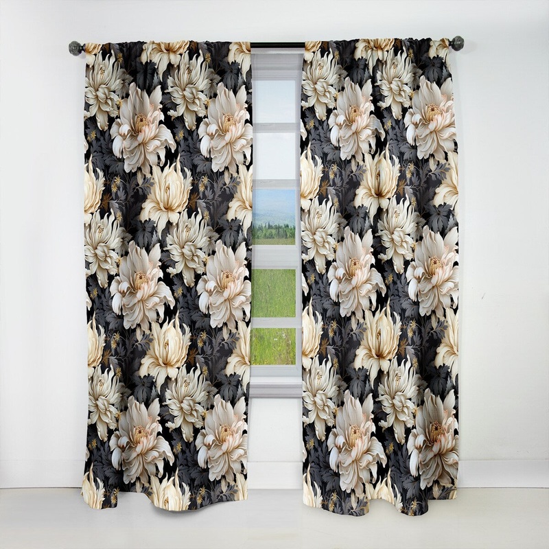 Designart "Golden Beige And Black Flowers Elegance " Glam Blackout Beige, Black Curtain 1 Panel
