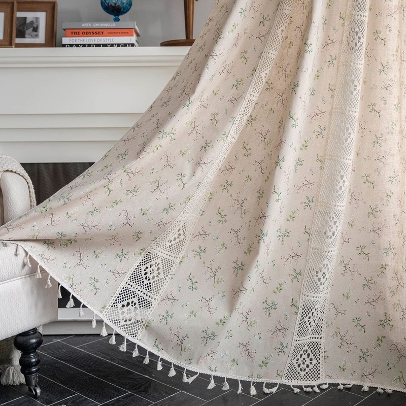 Boho Curtains, 63 inch Length 2 Panels Set Cotton Linen Semi Blackout Farmhouse Window Curtains with Tassel & Rod Pocket