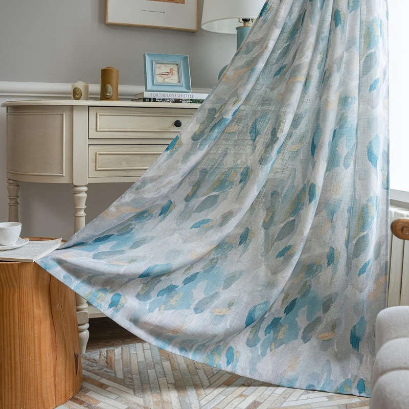 Curtains 95 Inches Length Leaf Print Classical Drapes Home Decor Burlap Effect Drapes 2 Panels Window Grommet, 52" Wide, Blue