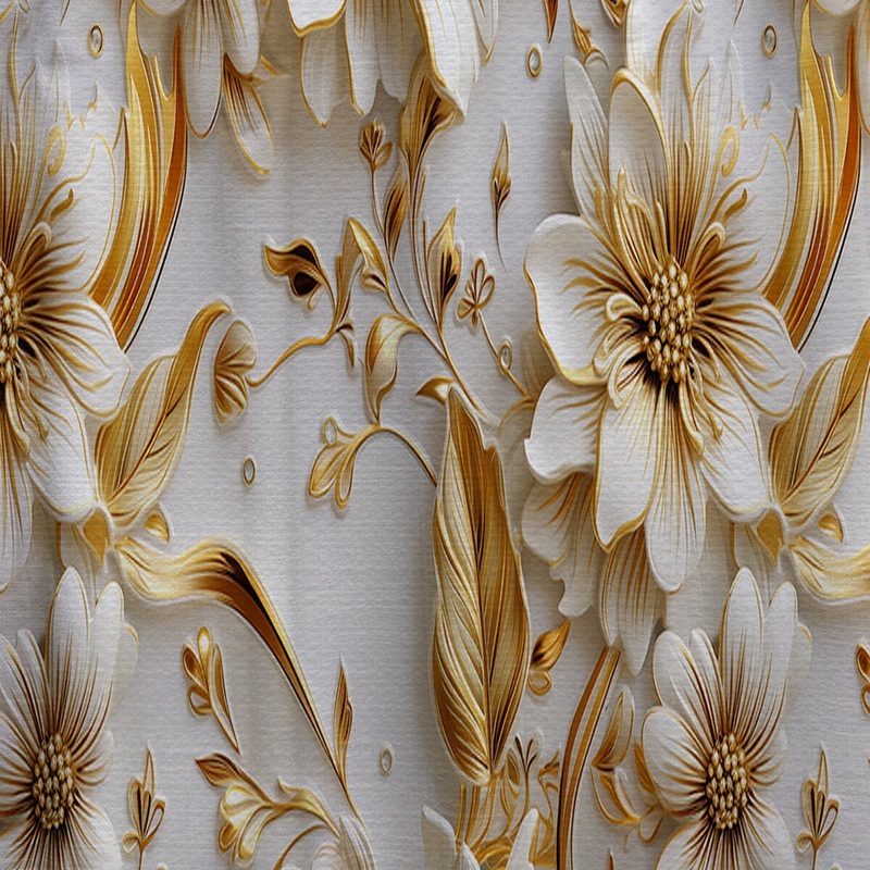 Designart "Golden White And Blue Flowers Elegance III" Marble Glam Curtain, Marble