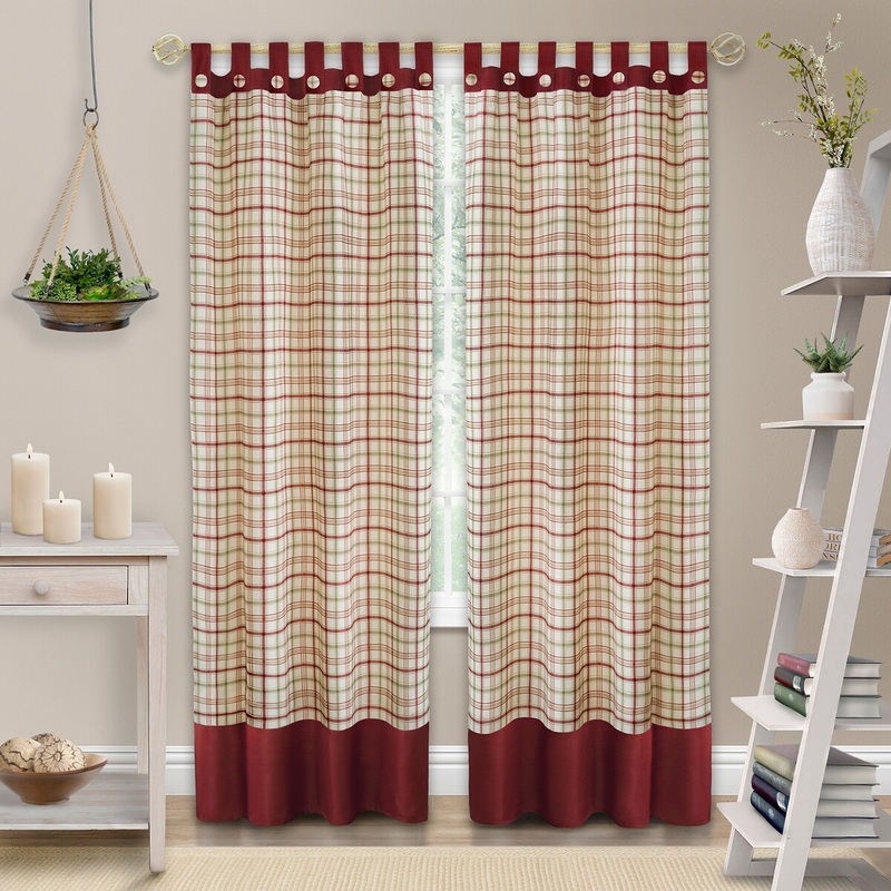 Tattersall Button Tab Top Window Curtain Panel