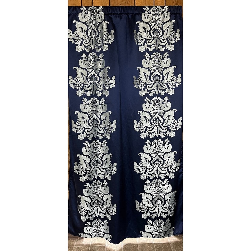 Sussex navy curtain panel in different length 45", 63", 84", 96", 108, 120", 132" with the silky blue medallion embroidery