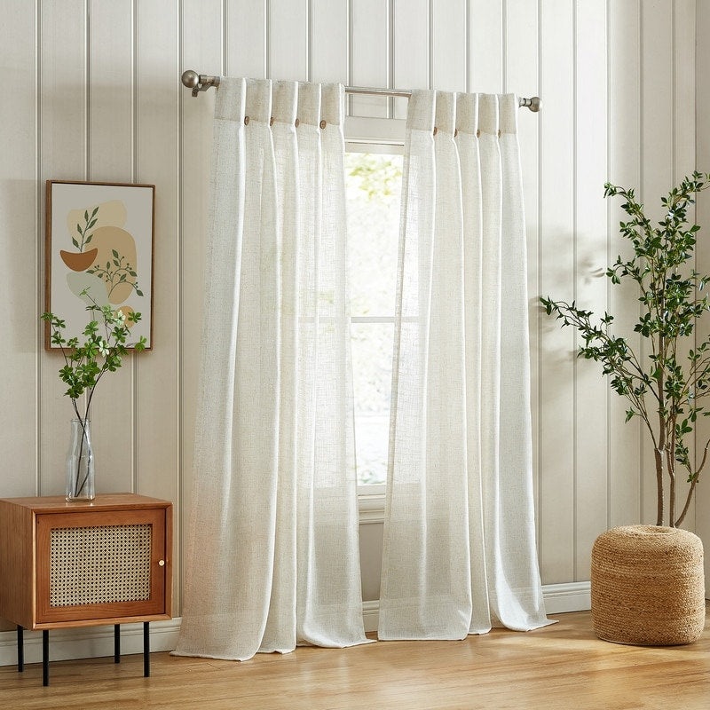 SUN+BLK Grenada Inverted Pleat Semi Sheer Curtain with Coconut Button and Back Tabs, 2 Panels