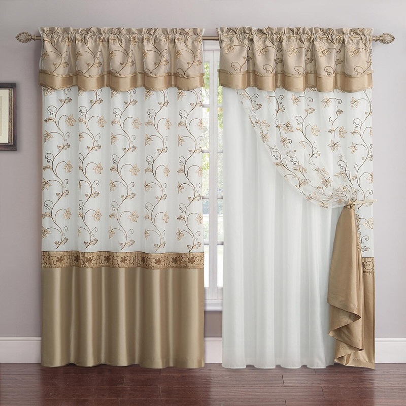 Andrea Embroidered Rod Pocket Window Curtain Panel with Attached Valance & Faux Silk Backing - 55" x 90"