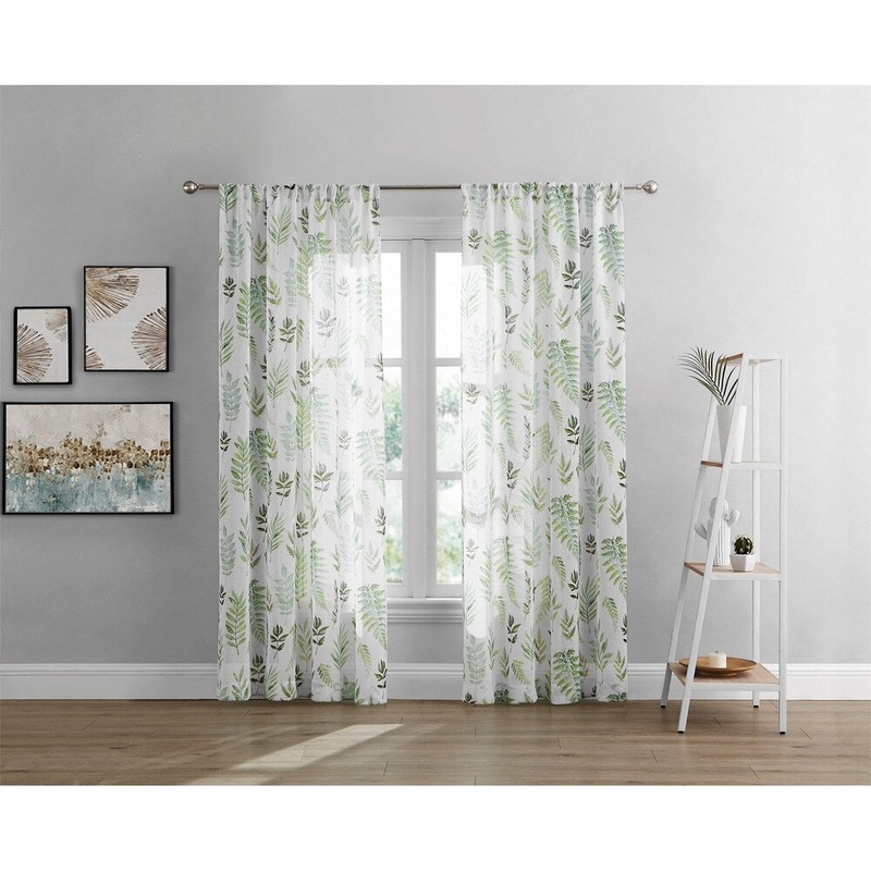 Brielle Home Rowan Printed Leaf Rod Pocket Sheer Curtain Panel
