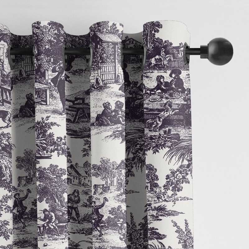 6ix Tailors Au Village Toile Eggplant Grommet Top Drapery Panels Set of 2