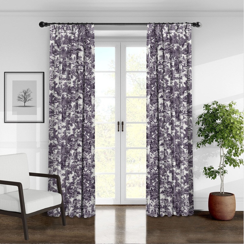 6ix Tailors Au Village Toile Eggplant Pinch Pleat Drapery Panels Set of 2