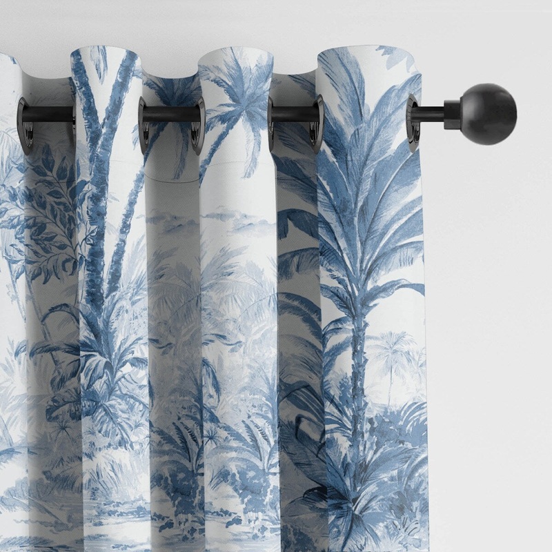 6ix Tailors Palmora Toile Denim Grommet Top Drapery Panels Set of 2