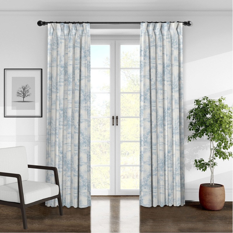 6ix Tailors Rustic Cabin Toile Cornflower Pinch Pleat Double Width Drapery Panels Set of 2