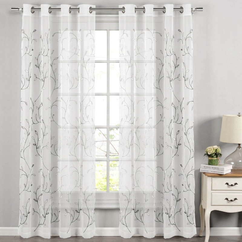 Wavy Leaves Embroidered Sheer Extra Wide Grommet Single Curtain Panel