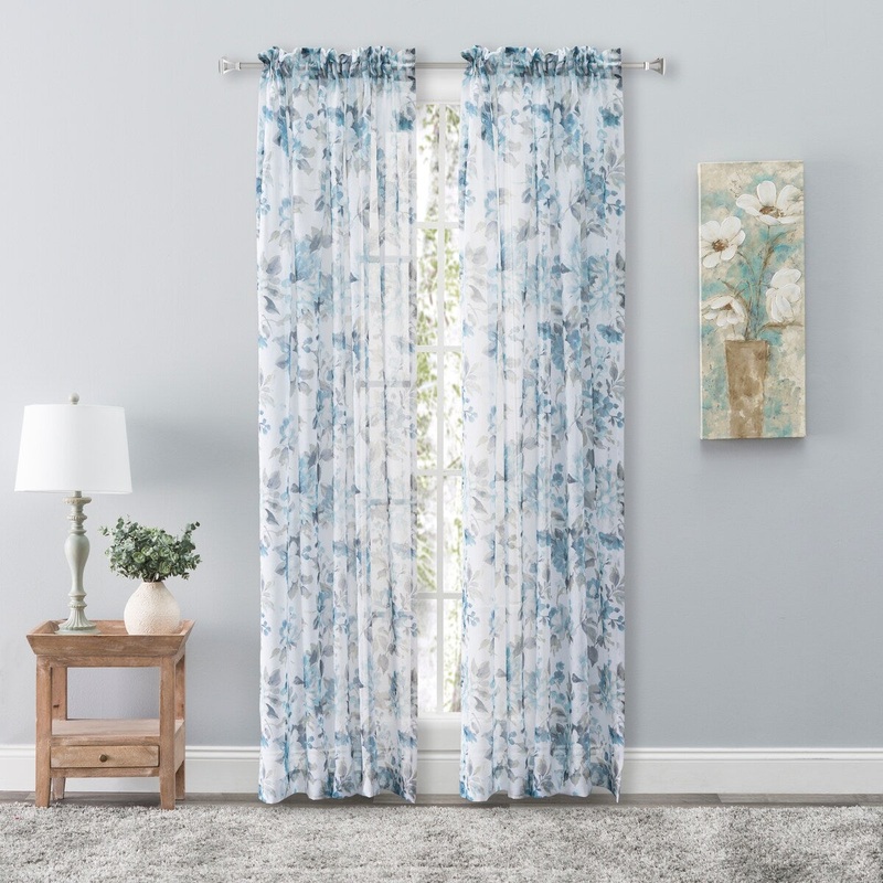 Whimsical Semi-Sheer Floral Rod Pocket Curtain Panel 54"W x 63"L Blue - 54"W x 63"L