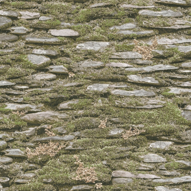 Galerie Wallcoverings Evergreen Mossy Rockwall Vinyl on Non-woven Matte Wallpaper Roll