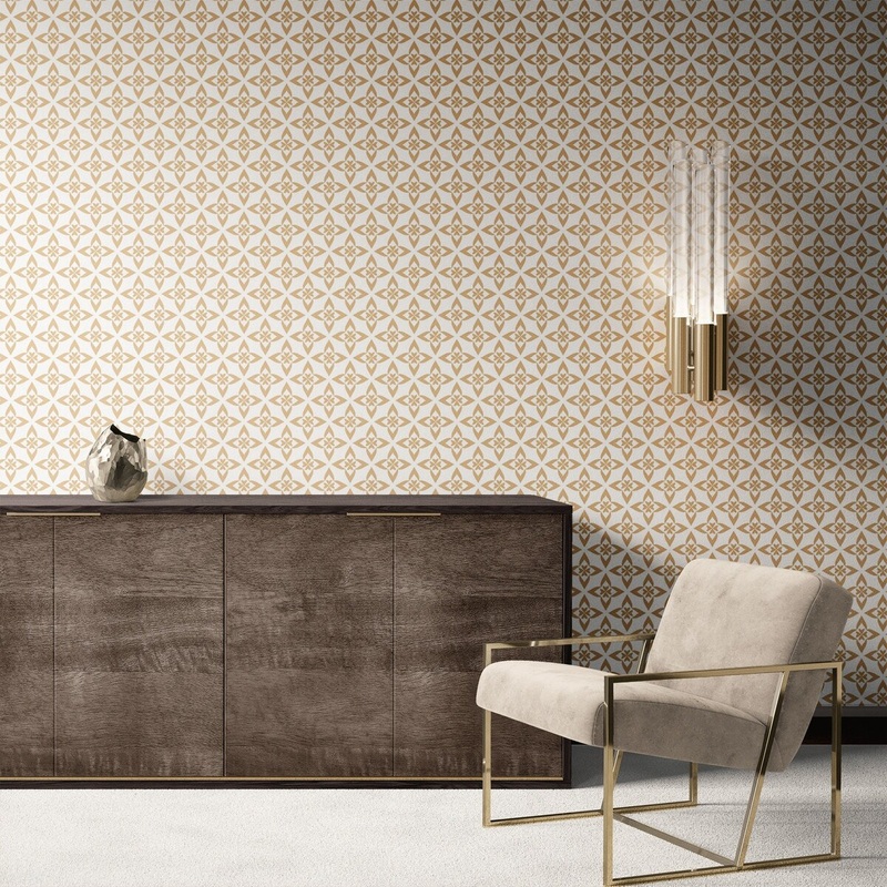 Beige Flowers Removable Wallpaper, Geometric Pattern Wall Cling