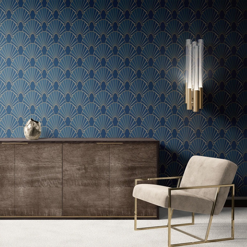 Blue Art Deco Arches Removable Wallpaper, Pretty Pattern Wall Cling