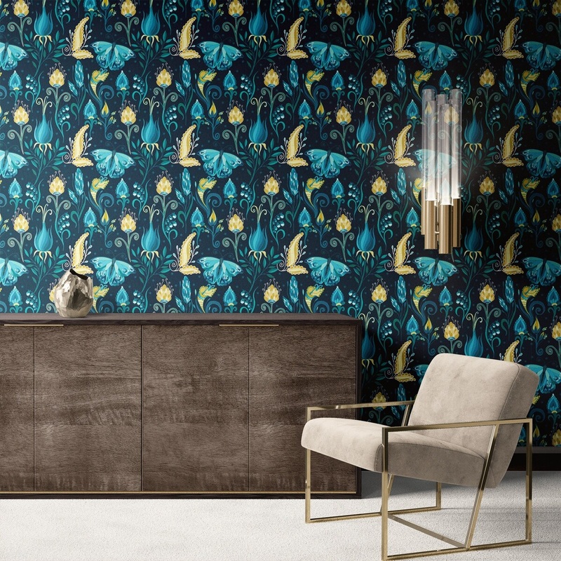 Blue Butterfly Removable Wallpaper, Botanical Pattern Wall Cling