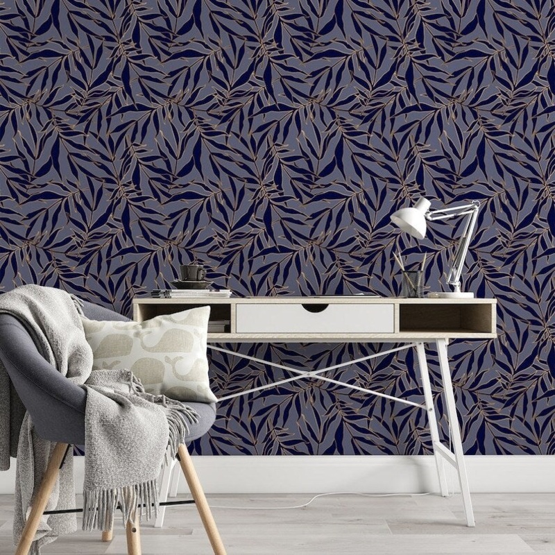 Blue Leaf Pattern Removable Wallpaper