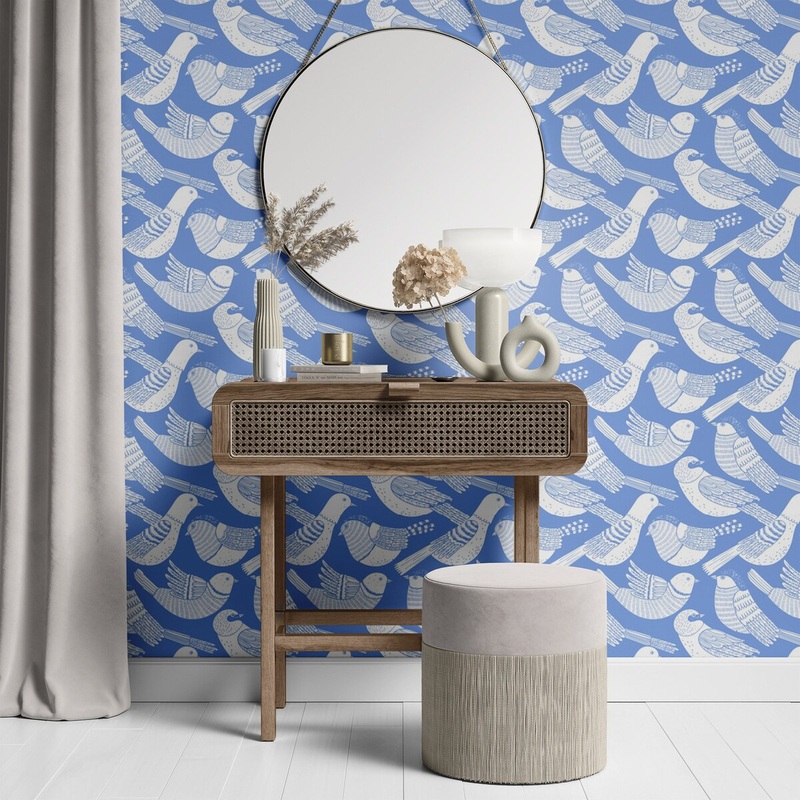 Doves Pattern Removable Wallpaper, Pretty Blue Wall Cling, Artistic Peel and Stick