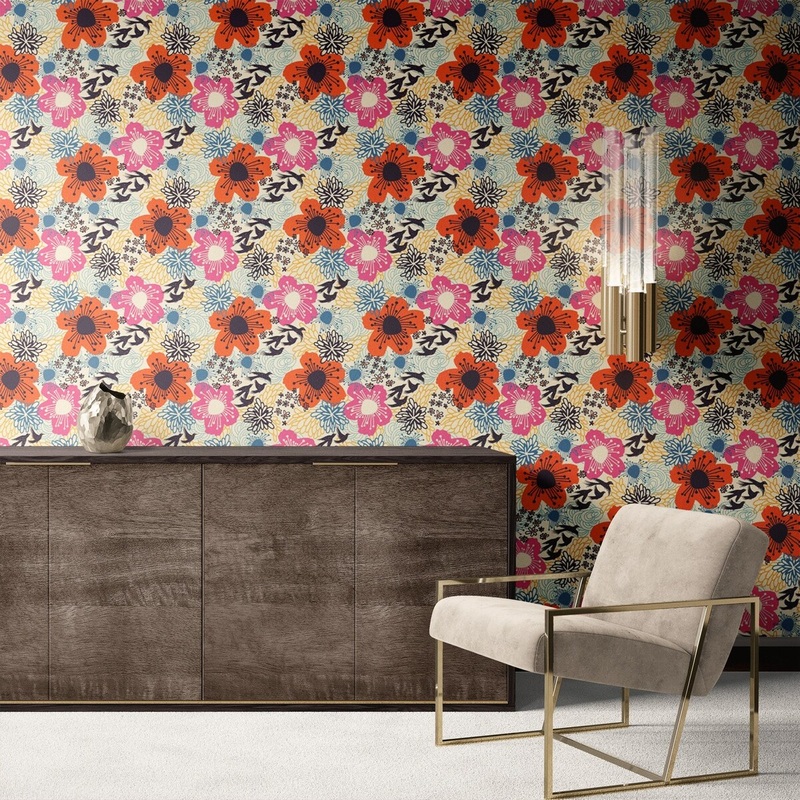 Flowers and Pollens Removable Wallpaper, Floral Wall Cling, Artistic Peel and Stick