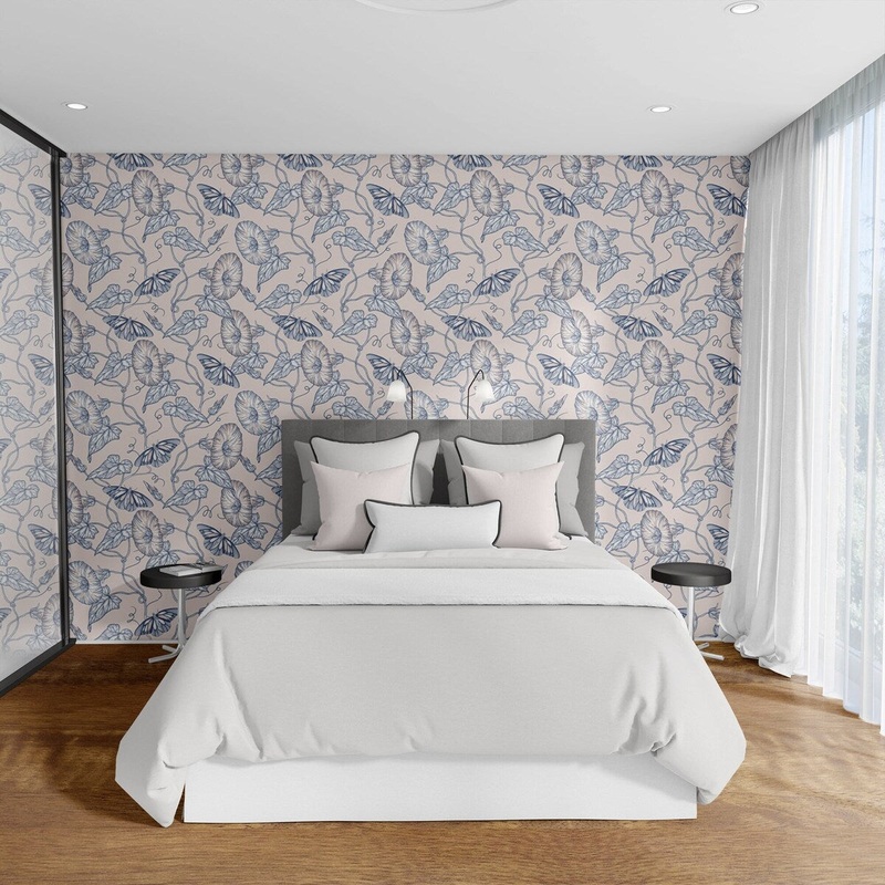 Blue Flowers and Butterflies Removable Wallpaper, Nature Wall Cling