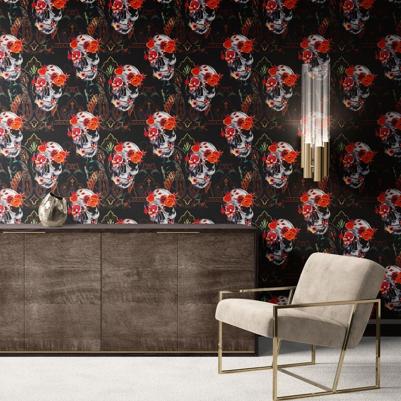 Skull Orange Flowers Peel and Stick Wallpaper