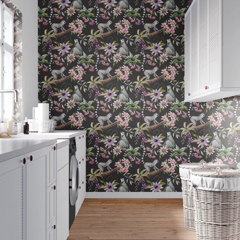 Flowers and Raccoons Removable Wallpaper, Tropical Pattern Wall Cling, Artistic Peel and Stick