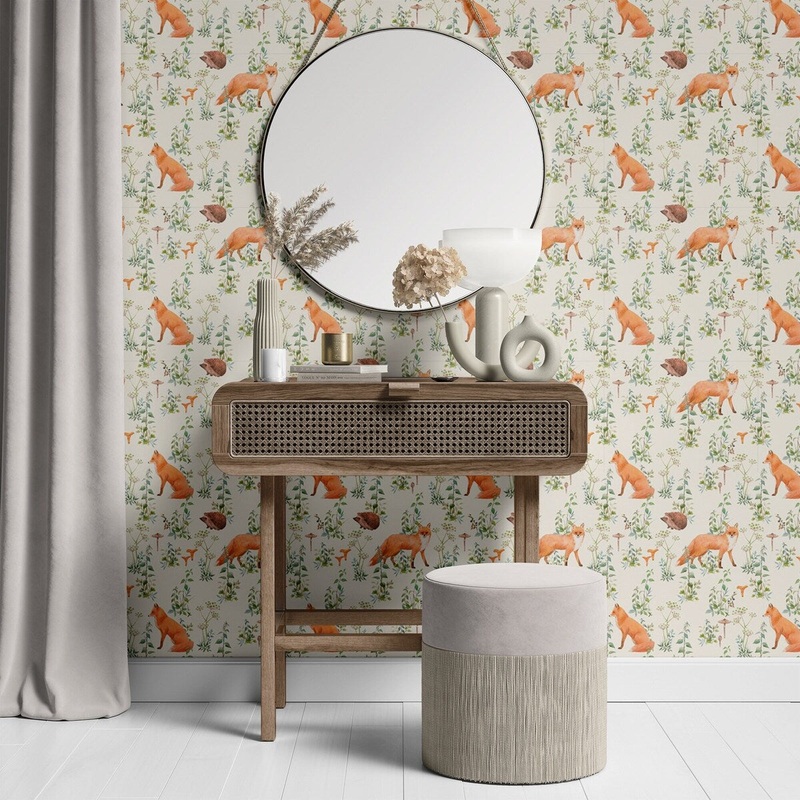 Foxes Pattern Removable Wallpaper, Pretty Animal Wall Cling, Artistic Peel and Stick