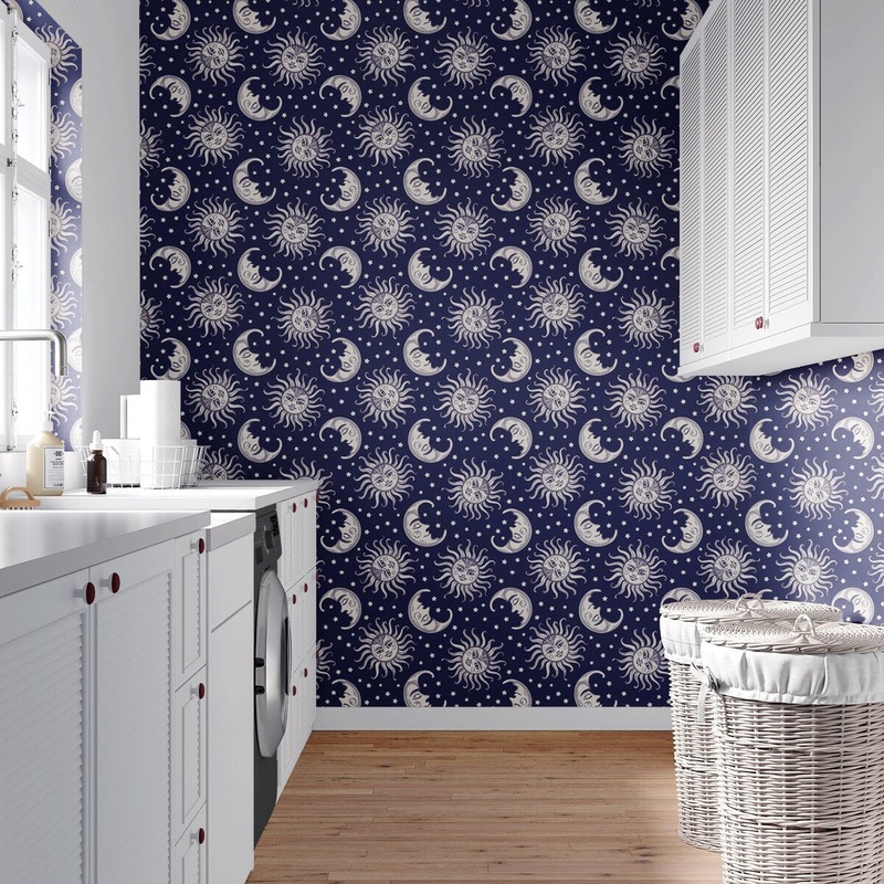 Sun and Moon Removable Wallpaper, Cool Blue Wall Cling