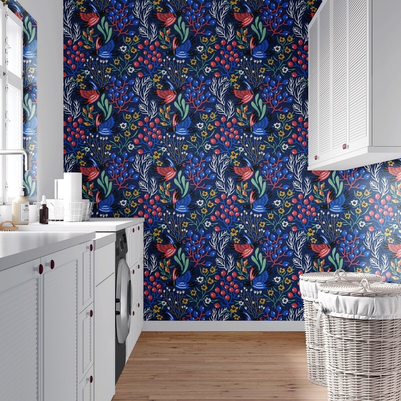 Birds and Berries Removable Wallpaper, Pretty Nature Wall Cling