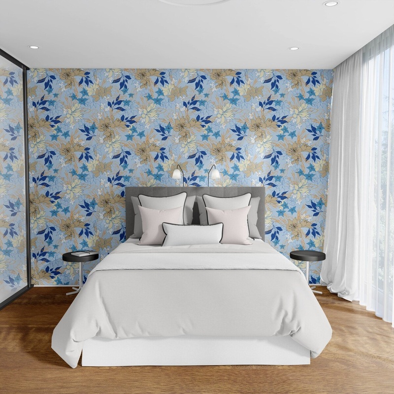 Blue and Beige Flowers Peel and Stick Wallpaper
