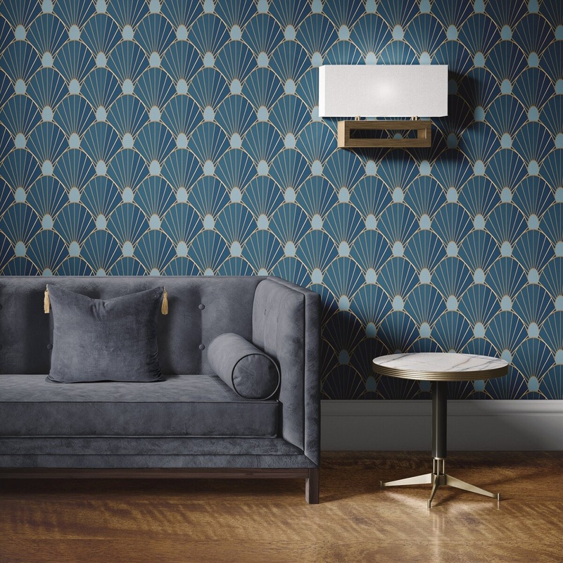 Blue Fans Removable Wallpaper, Pretty Art Deco Pattern