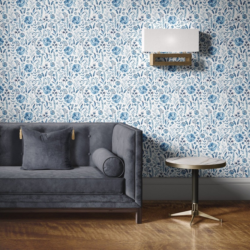 Blue Roses Removable Wallpaper, Botanical Pattern Wall Cling