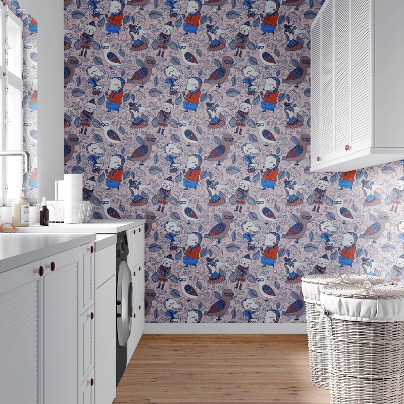 Foxes, Horses and Birds Removable Wallpaper, Animal Wall Cling, Artistic Peel and Stick