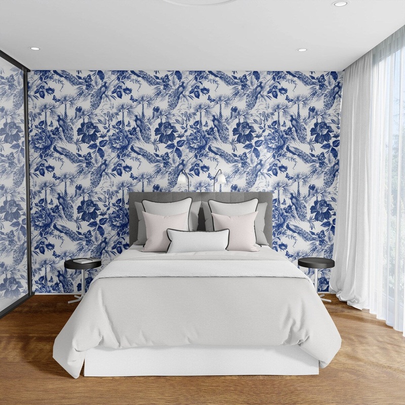 Blue Birds and Flowers Peel and Stick Wallpaper