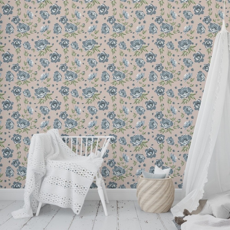 COLETTE BLUE FLOWER ON PINK Wallpaper By Kavka Designs