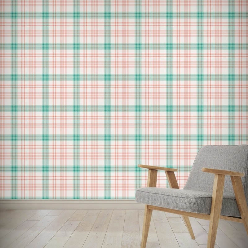 CORAL TEAL FEMININE PLAID Wallpaper By Kavka Designs - 24X48