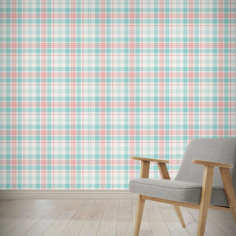 BLUE AND PINK SQUARES PLAID Wallpaper By Kavka Designs - 24X48