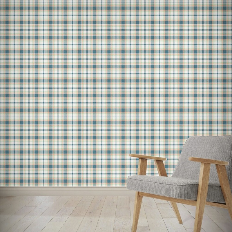 CORAL NAVY MINT BOAT PLAID Wallpaper By Kavka Designs - 24X48