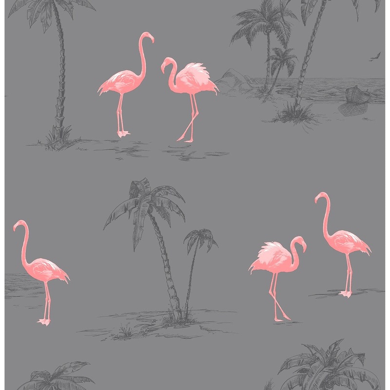 Trees Roubaix Dark Grey Flamingo Wallpaper