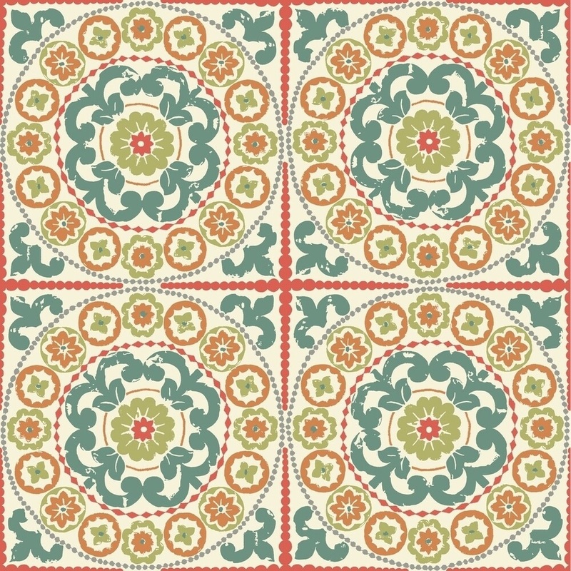 Athens Wallpaper, 20.5 in. x 33 ft. = 56 sq.ft, in off-white, teal, orange, yellow/green, grey, red/orange
