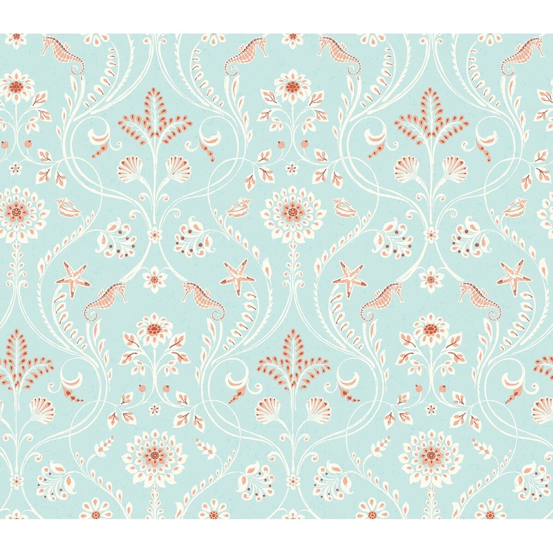 Damasks Winter Anacapa Turquoise Damask 33' L X 20.5" W Wallpaper Roll