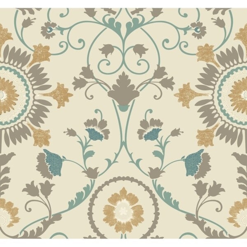 Enamel Ornament Wallpaper, 27 in. x 27 ft. = 60.75 sq.ft., in beige, aqua, taupe, metallic gold, white, dark blue