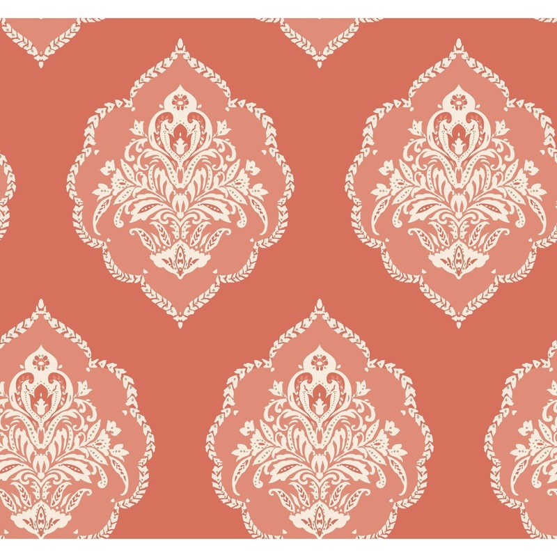 Fremont Coral Sure Strip Prepasted Damask Signet Medallion Dam Wallpaper Covers about 60.75 sq. ft.