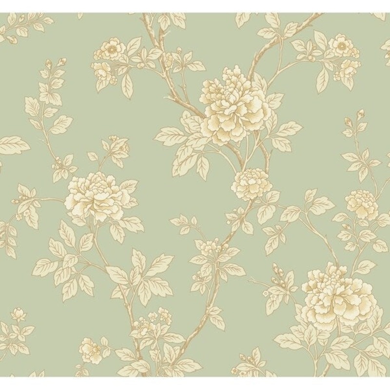 Chinese Peony Wallpaper, 27 in. x 27 ft. = 60.75 sq.ft., in light grey-green, off-white, cream, beige, metallic gold
